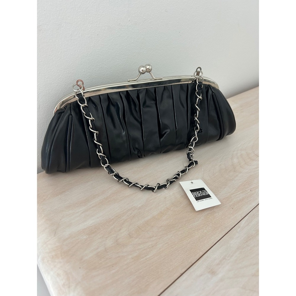 Bijoux Terner‎ NWT Black Pleated Faux Leather Kiss Lock Evening Shoulder Bag